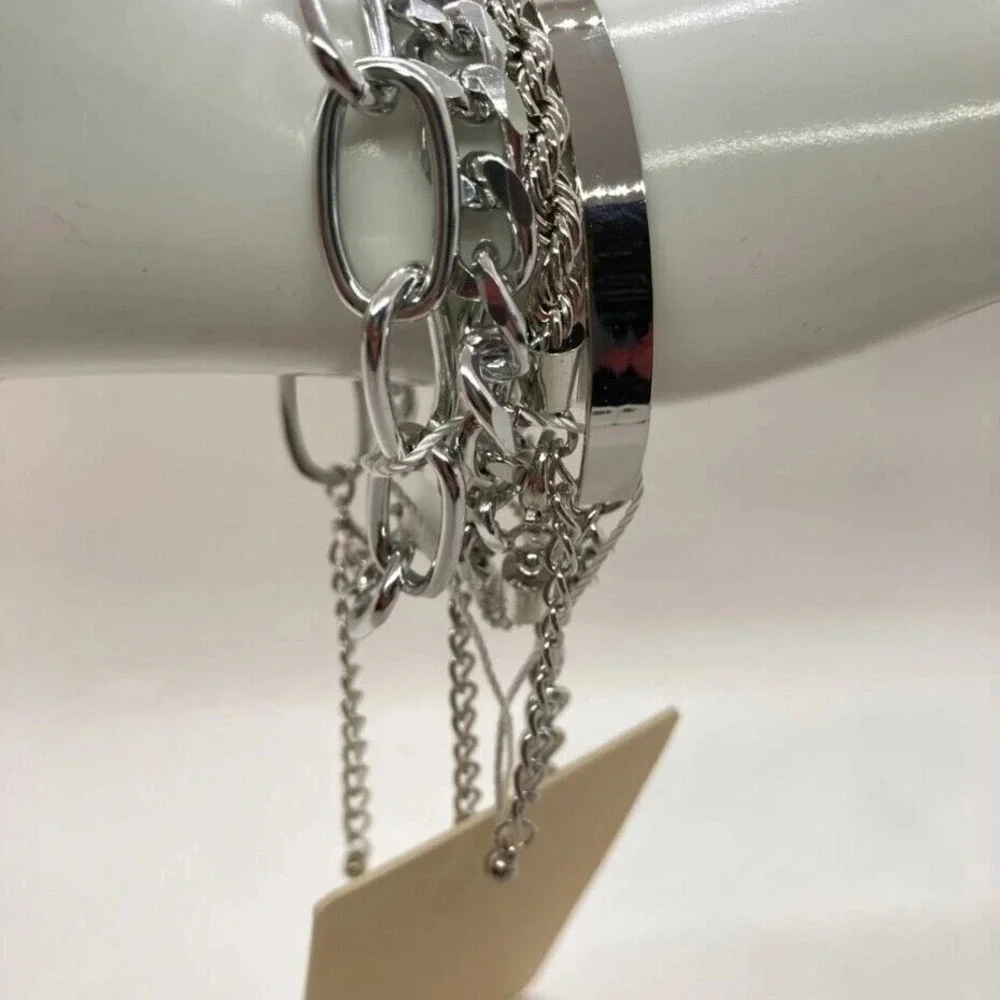 Xmimior Silver Tone Multi-Layer Bracelet Set Fashion Chain‎ & Bangle Cuff NEW